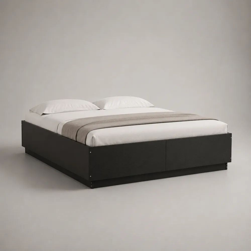 Lit double plateforme 160 x 200 cm en panneaux de particules noirs, sans tête de lit, dimensions 206 x 166 x 45 cm