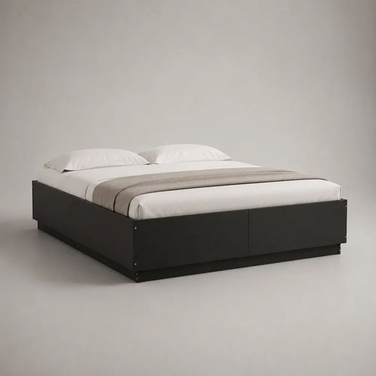 Lit double plateforme 160 x 200 cm en panneaux de particules noirs, sans tête de lit, dimensions 206 x 166 x 45 cm