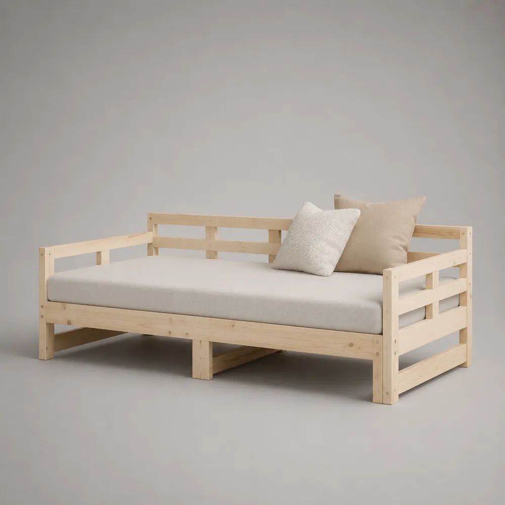 Lit banquette 1 place en bois naturel avec sommier à lattes, couchage 90 × 190 cm
