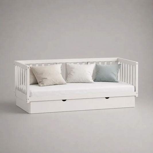 Lit banquette gigogne 2 couchages en pin massif blanc, 90 x 200 cm et 90 x 190 cm, dimensions 209 x 99 x 87 cm