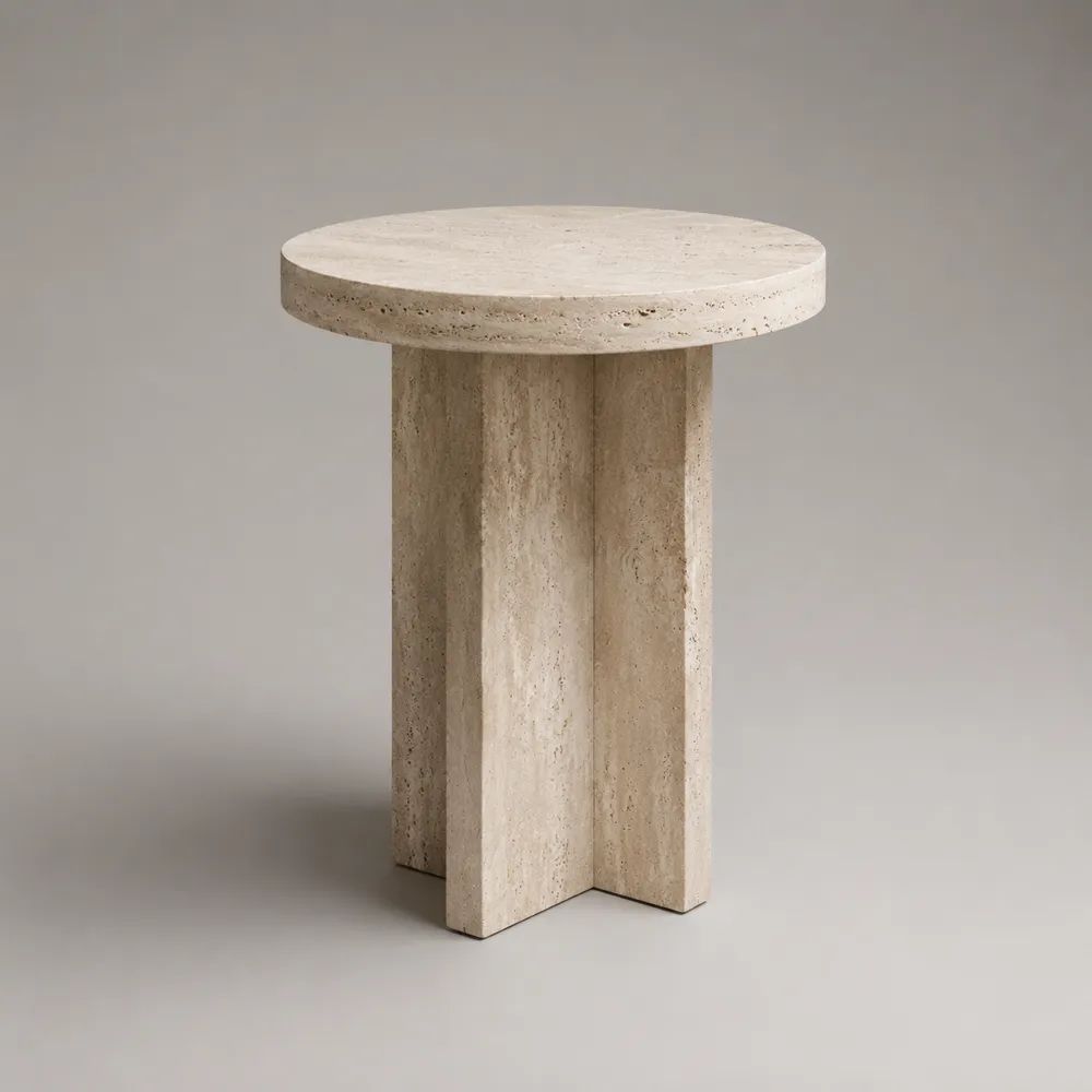 Table de chevet ronde en travertin massif beige clair, 50 × 50 × 60 cm