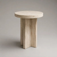 Table de chevet ronde en travertin massif beige clair, 50 × 50 × 60 cm