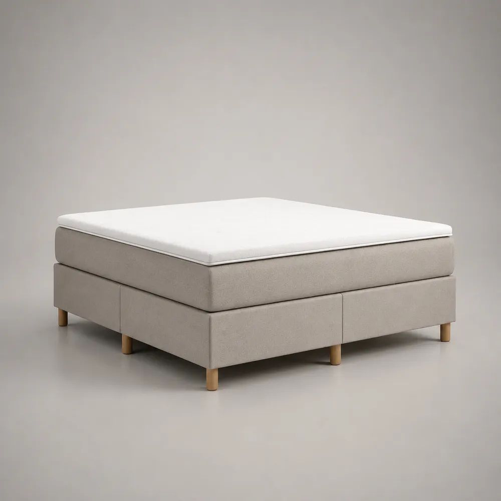 Lit double en tissu beige, blanc et marron clair avec matelas, surmatelas et 2 sommiers tapissiers, 180 × 200 cm
