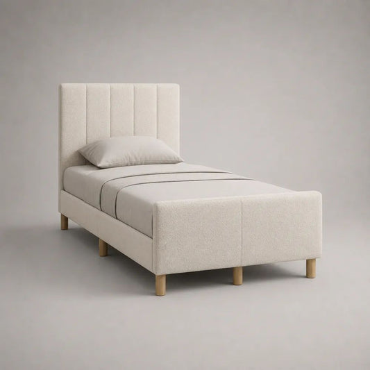 Lit simple rembourré 90 x 190 cm en tissu bouclé écru avec tête et pied de lit